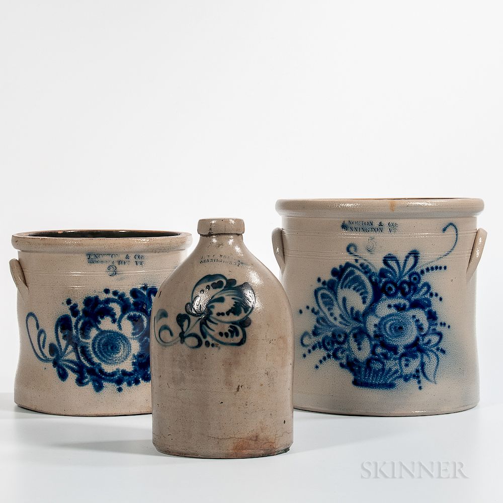 Appraisal: Three Cobalt Floral Decorated Stoneware Items Three Cobalt Floral Decorated