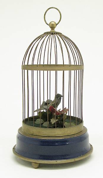 Appraisal: A gilt metal and medium bird cage automaton early st