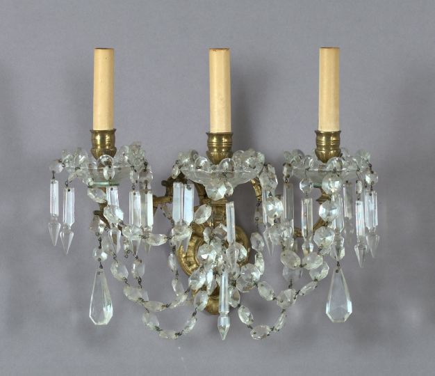 Appraisal: Pair of Antique-Gilded Brass and Cut Glass Three-Light Appliques first