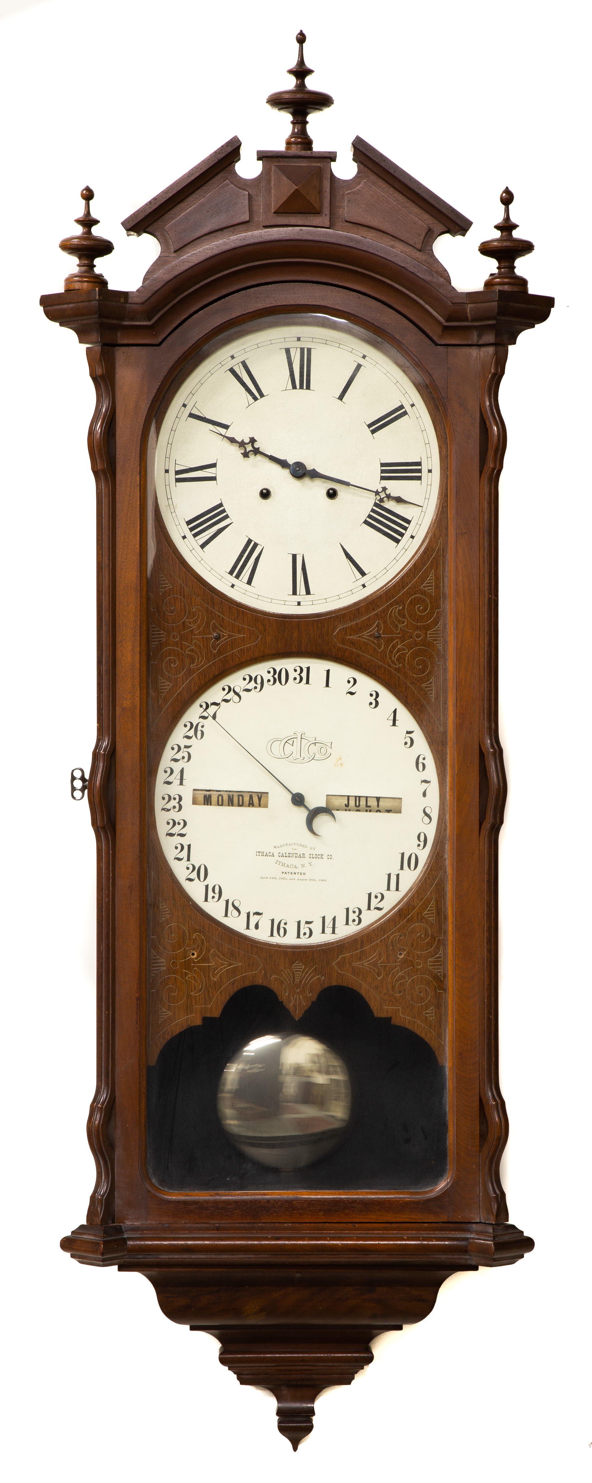 Appraisal: ITHACA REGULATOR NO BANK CALENDAR CLOCK walnut case Original in