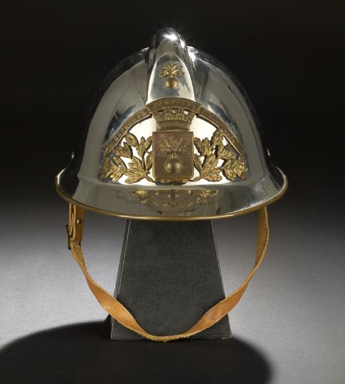 Appraisal: French Modele Nickel Brass and Leather Fire Helmet third quarter