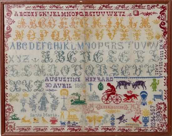 Appraisal: Needlework sampler with transportation motifs possibly Continental dated April featuring