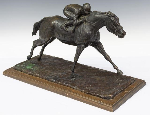 Appraisal: Patinated bronze sculpture Race Horse and Jockey signed in cast