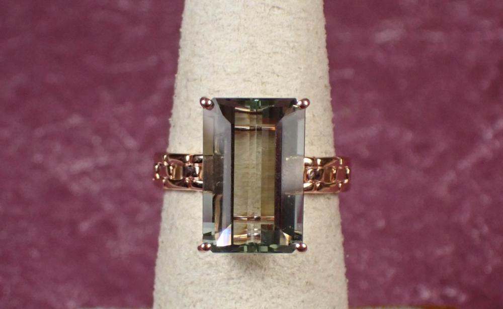 Appraisal: PRASIOLITE AND FOURTEEN KARAT ROSE GOLD RING with four gold