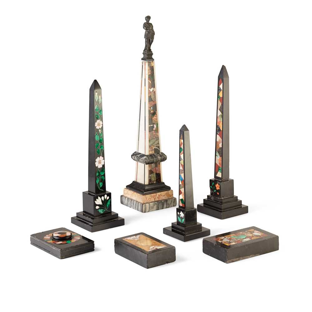 Appraisal: GROUP OF DERBYSHIRE ASHFORD BLACK PIETRA DURA OBELISKS AND DESK