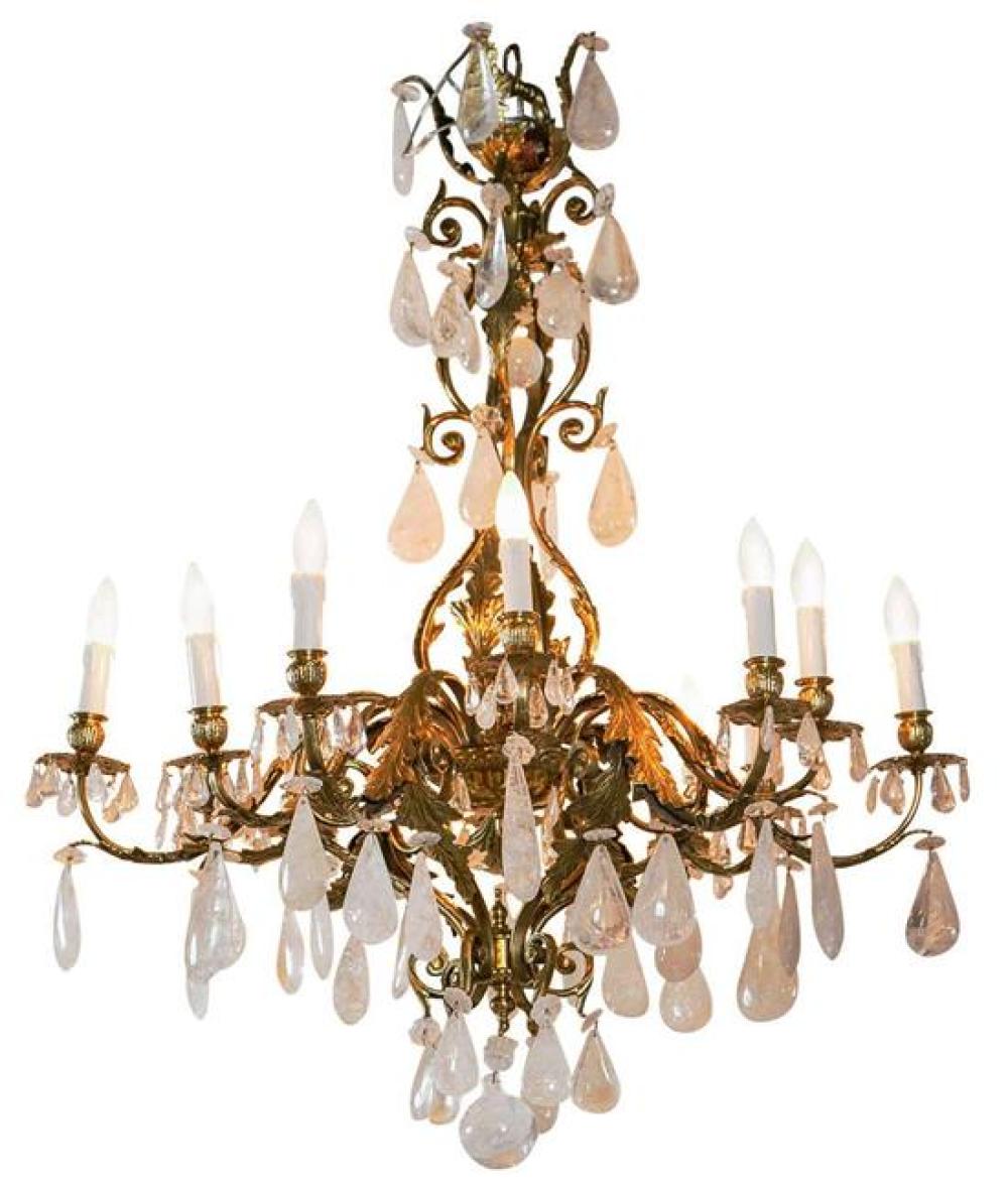 Appraisal: Chandelier th C bronze and Brazilian rock crystal foliate motif