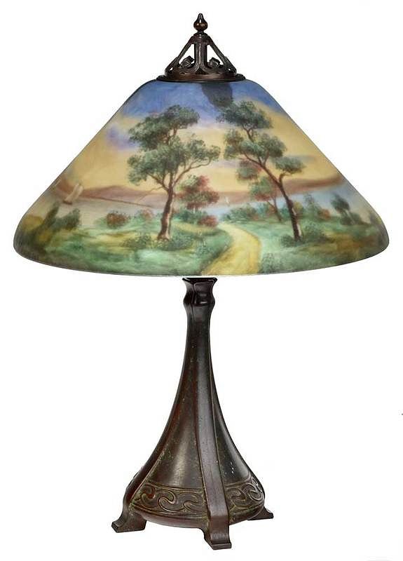 Appraisal: Signed Handel and Classique Reverse Painted Lamp American early th