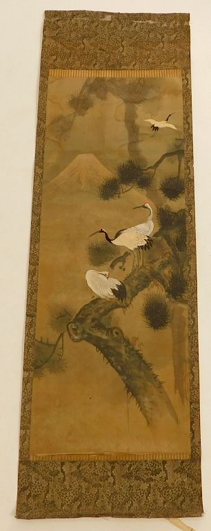 Appraisal: Japanese Painted Cranes Hanging Wall Scroll Japanese Painted Cranes Hanging