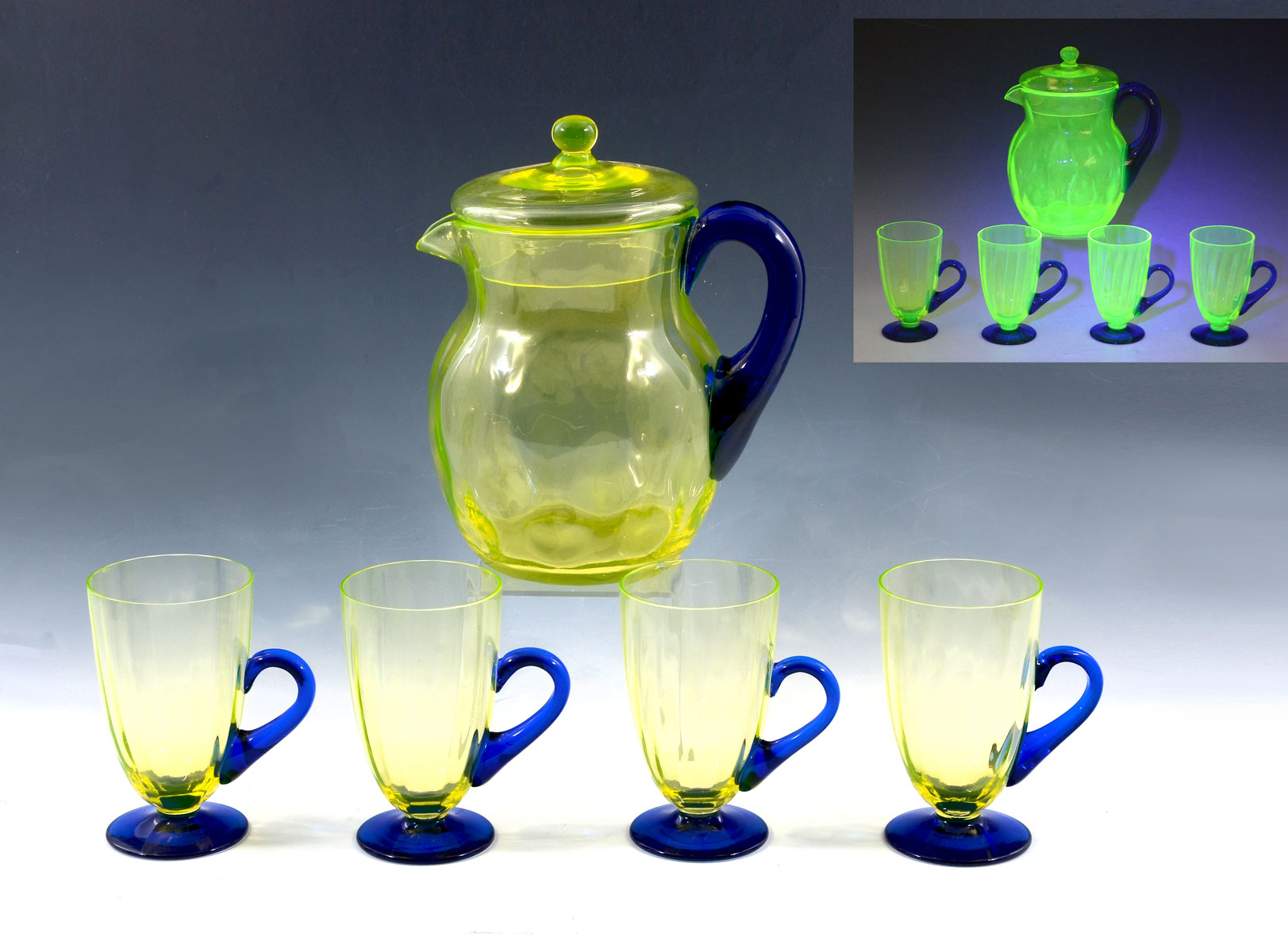 Appraisal: VASELINE AND COBALT GLASS LEMONADE SET Comprising - Large Vaseline