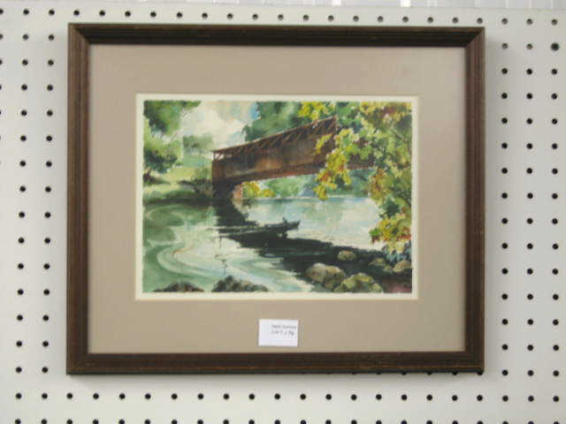 Appraisal: Watercolor of Covered Bridge and Man in rowboat