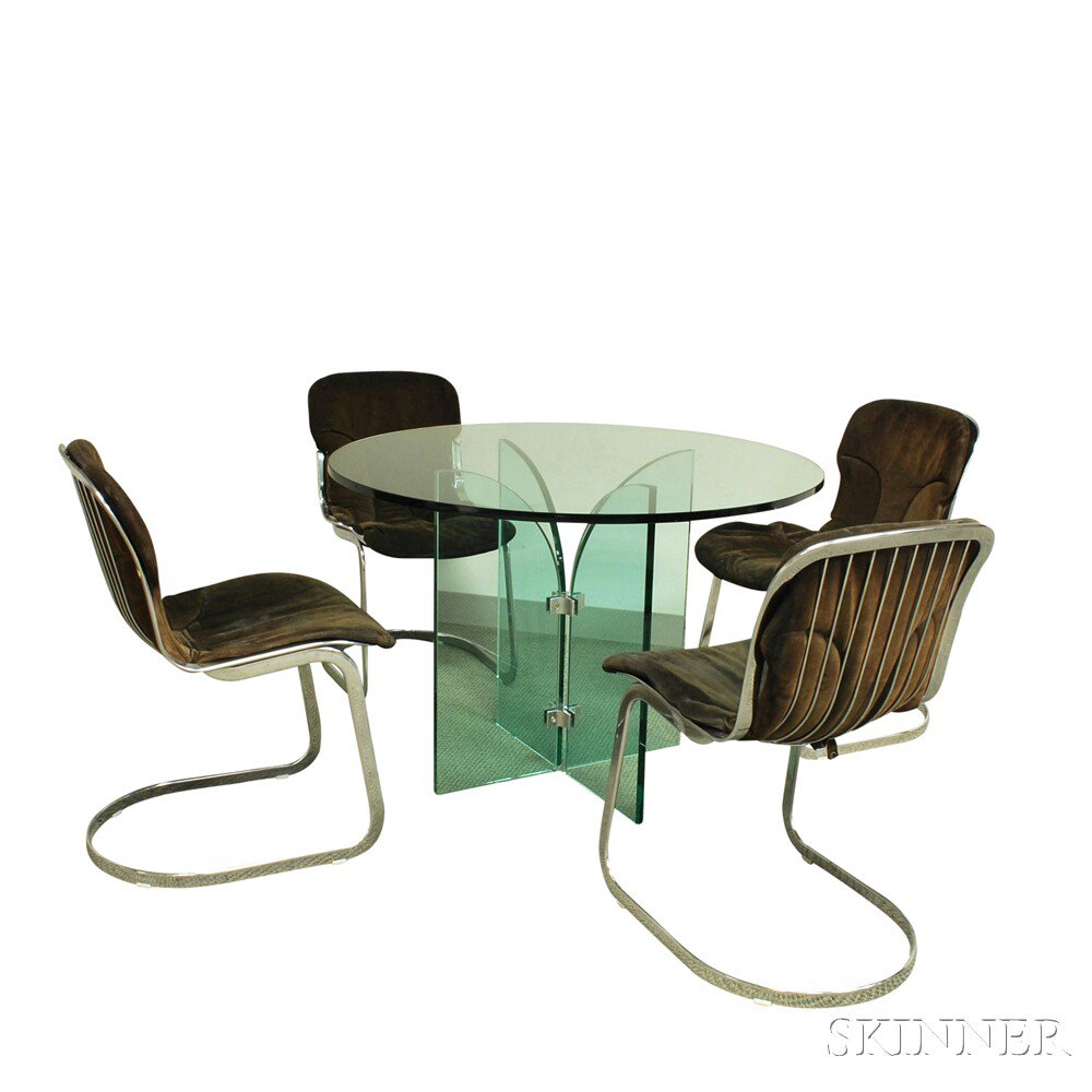 Appraisal: Cidue Mid-century Glass Dining Table and Four Chrome and Suede