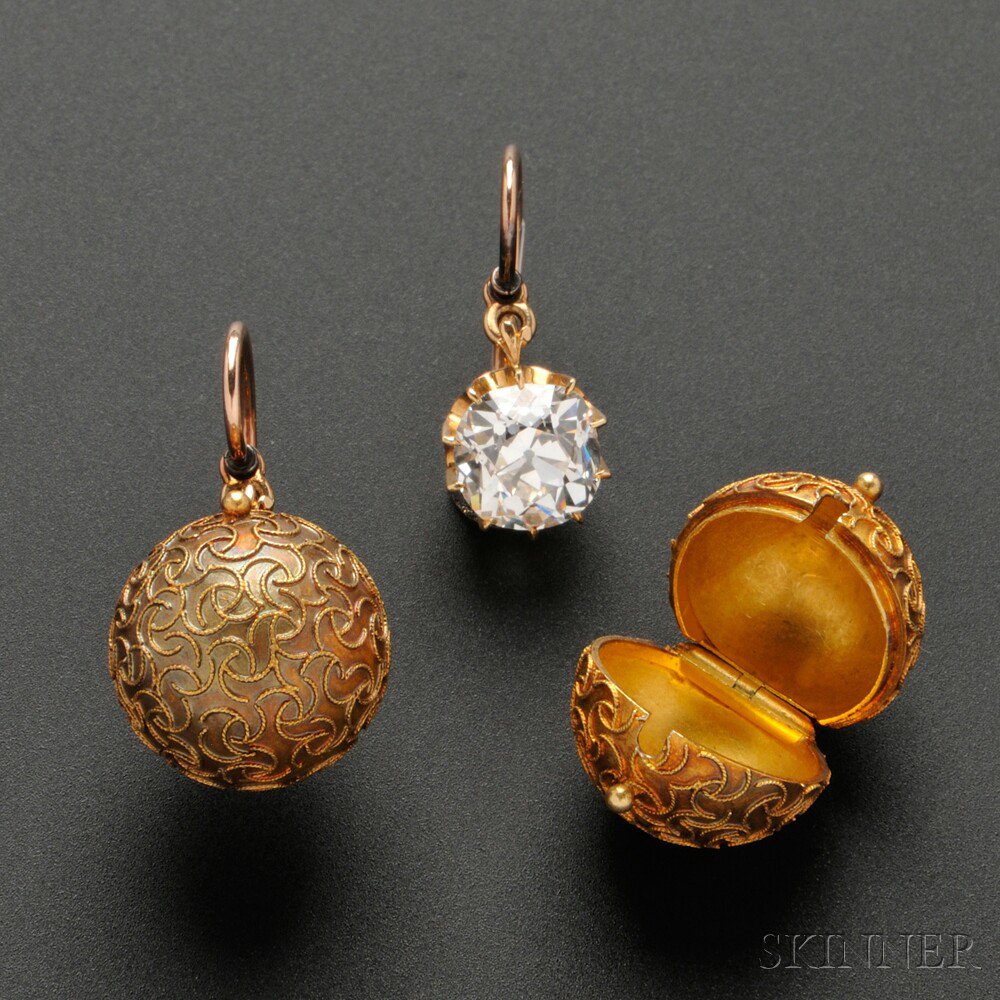 Appraisal: Fine Pair of Antique Gold and Diamond Earpendants and Coach