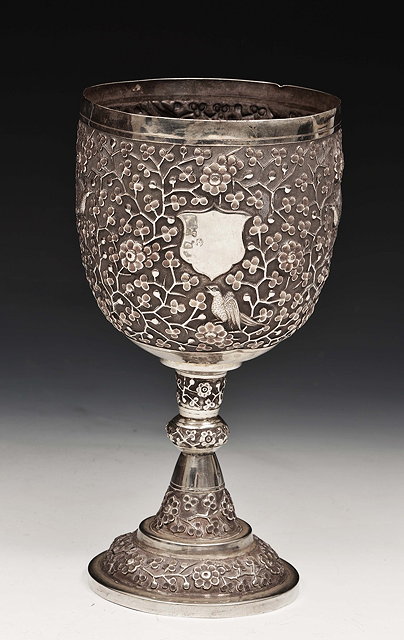 Appraisal: A CHINESE GOBLET with knop stem pedestal foot and embossed