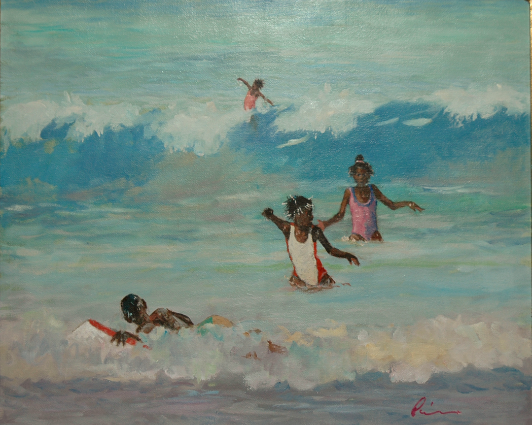 Appraisal: Caribbean School th Century Children Playing in the Surf Two