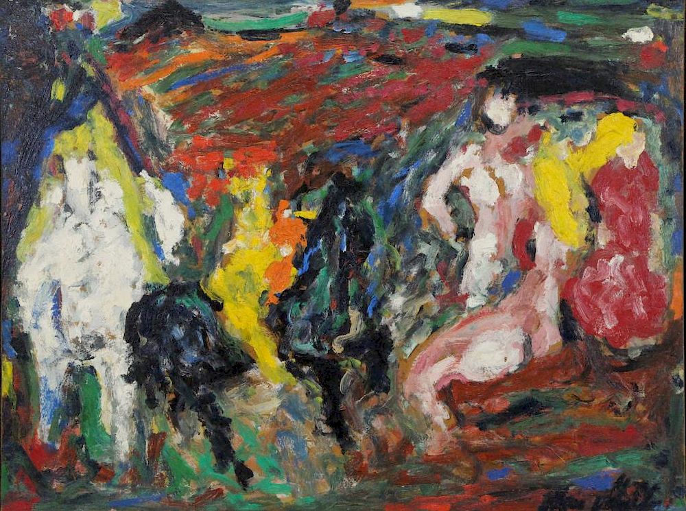 Appraisal: MULLER Jan Oil on Wood Two Equestrians with Nudes Signed