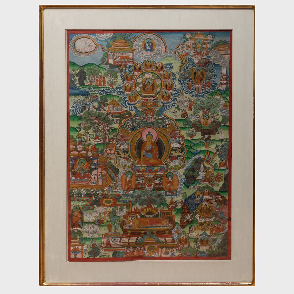 Appraisal: Tibetan Thangka Depicting the Life of Buddha x in sheet