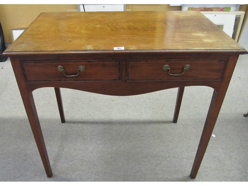 Appraisal: th century mahogany inlaid two drawer writing table