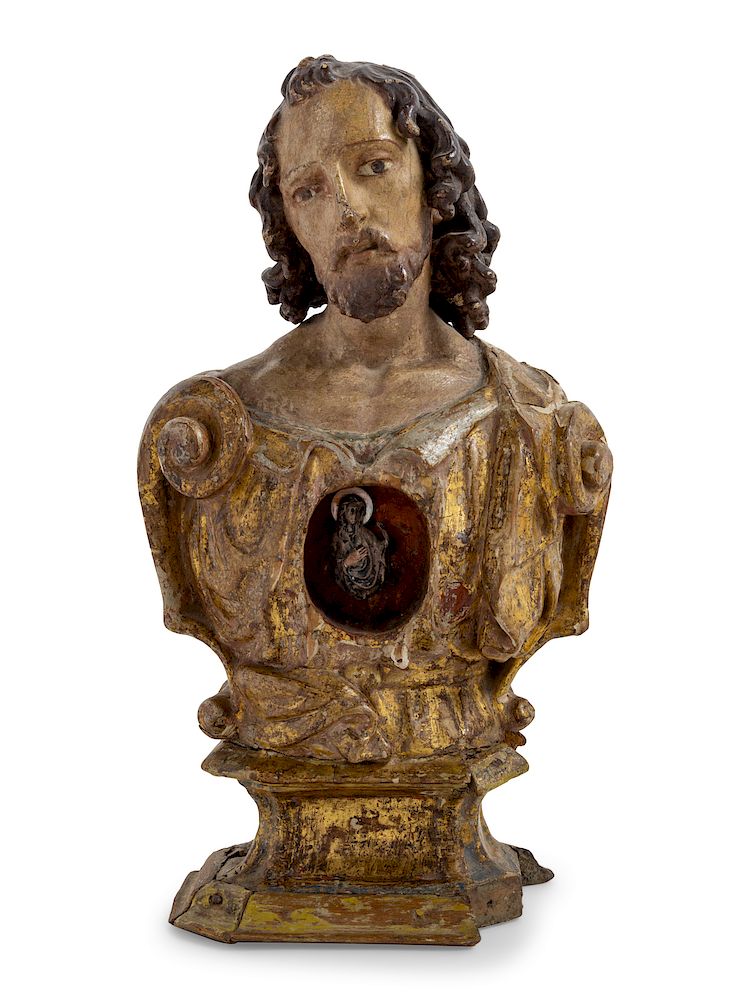 Appraisal: A Continental Painted Reliquary Bust A Continental Painted Reliquary Bust