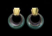 Appraisal: European K Gold and Enamel Earrings Door-knocker green and grey