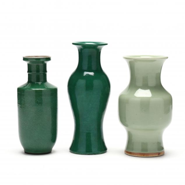 Appraisal: THREE CHINESE MONOCHROME GREEN VASES th century porcelain with various