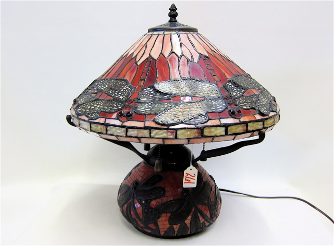 Appraisal: A TIFFANY STYLE DRAGONFLY TABLE LAMP squat form base with