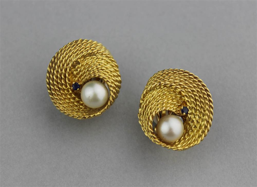 Appraisal: K YELLOW GOLD EARRINGS WITH PEARLS AND SAPPHIRES marked K