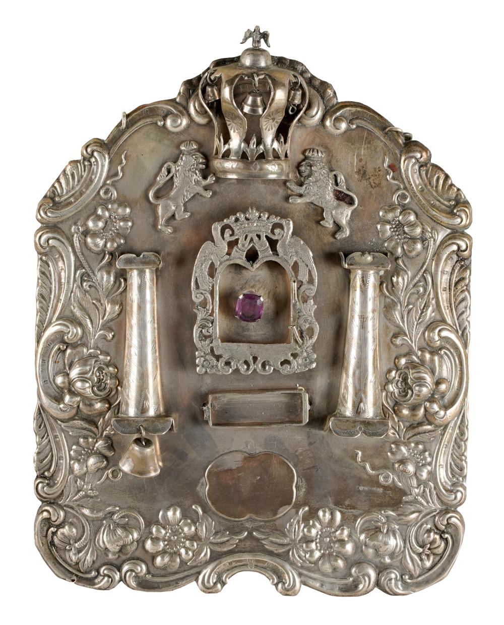 Appraisal: SILVER JUDAICA TORAH SHIELDstamped -sterling Condition one hanging bell missing