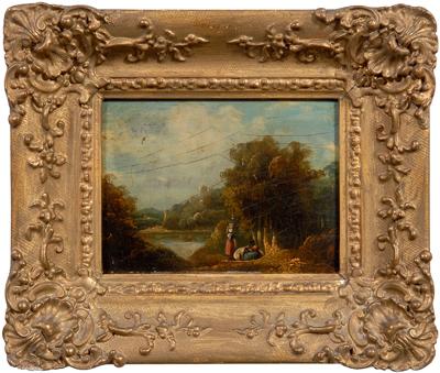 Appraisal: British School miniature painting landscape with figures by a lake