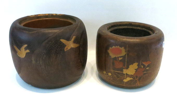 Appraisal: TWO JAPANESE INLAID WOOD PLANTERS with mixed metal inlay depicting