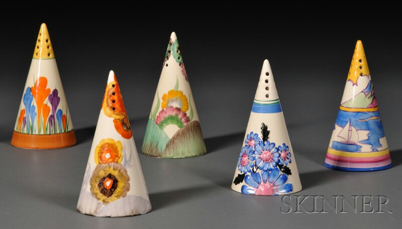 Appraisal: Five Clarice Cliff Bizarre Ware Conical Sugar Sifters England th