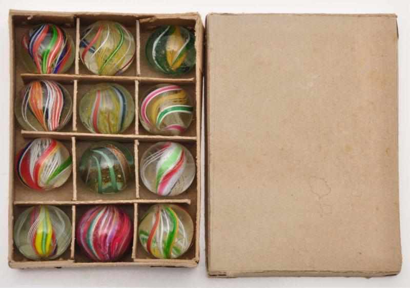 Appraisal: Original German Box with Handmade Marbles Description Marbles include divide