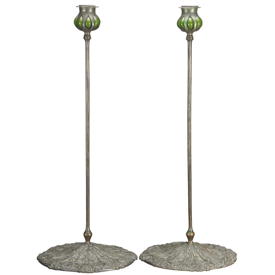 Appraisal: Pair Tiffany Studios Style Bronze Candlesticks in the Queen Anne