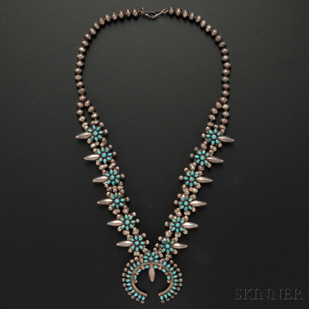 Appraisal: Zuni Silver and Turquoise Squash Blossom Necklace with multiple small