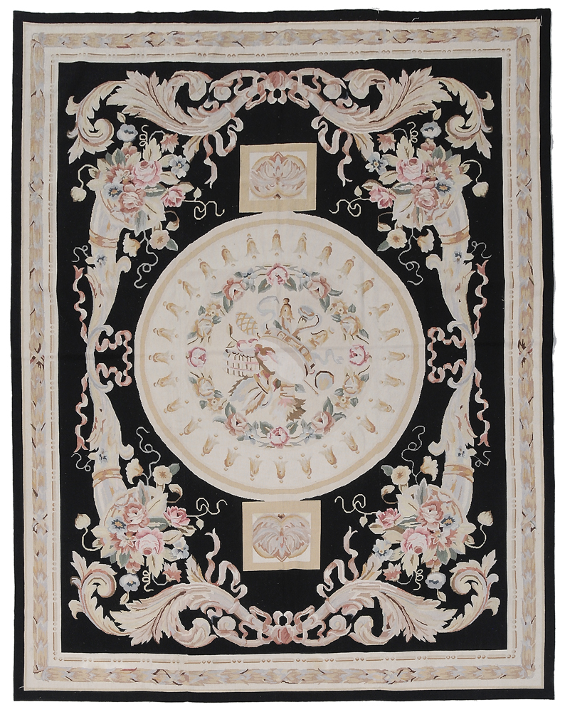 Appraisal: Needlepoint Rug th century Aubusson style circular central medallion with