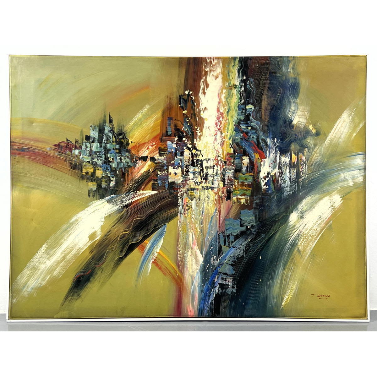 Appraisal: T DISNEY Modernist Painting Abstracted Landscape with Buildings Signed Dimensions