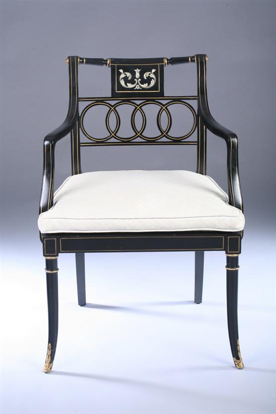 Appraisal: REGENCY STYLE EBONIZED AND GILT DECORATED ARM CHAIR th century