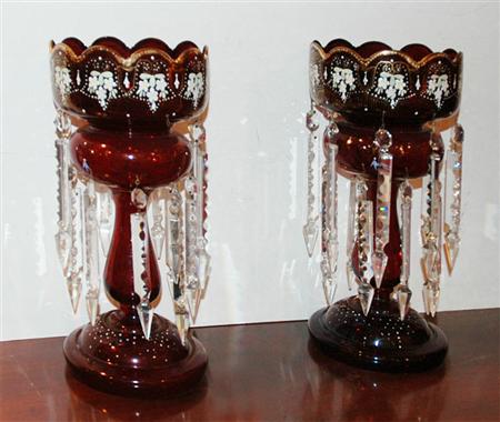 Appraisal: Pair of Enamel Decorated Ruby Glass Lustres Estimate -