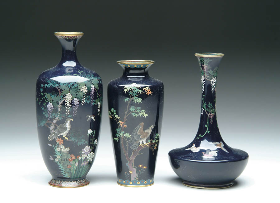 Appraisal: THREE JAPANESE CLOISONNE ENAMEL VASES - tapered vase with two