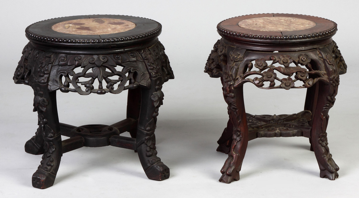 Appraisal: Two Chinese Carved Hardwood Stand w Marble Tops C