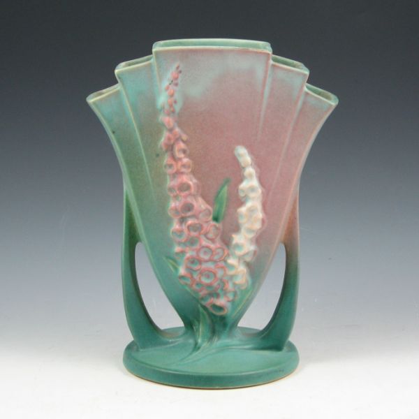 Appraisal: Roseville Foxglove fan vase in pink and green Marked Roseville