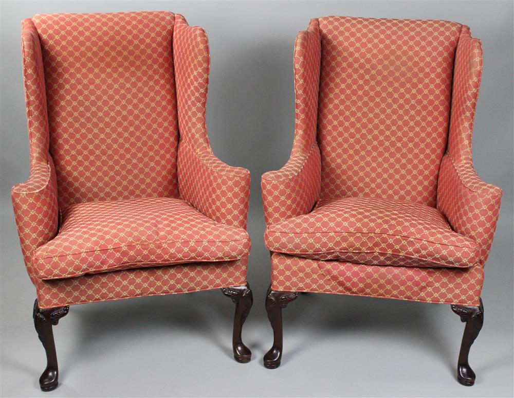 Appraisal: PAIR OF QUEEN ANNE STYLE WING CHAIRS back flanked by