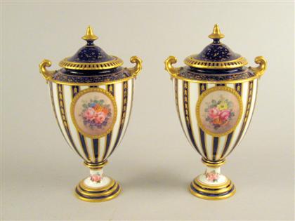 Appraisal: Pair of Royal Crown Derby porcelain urns early th century