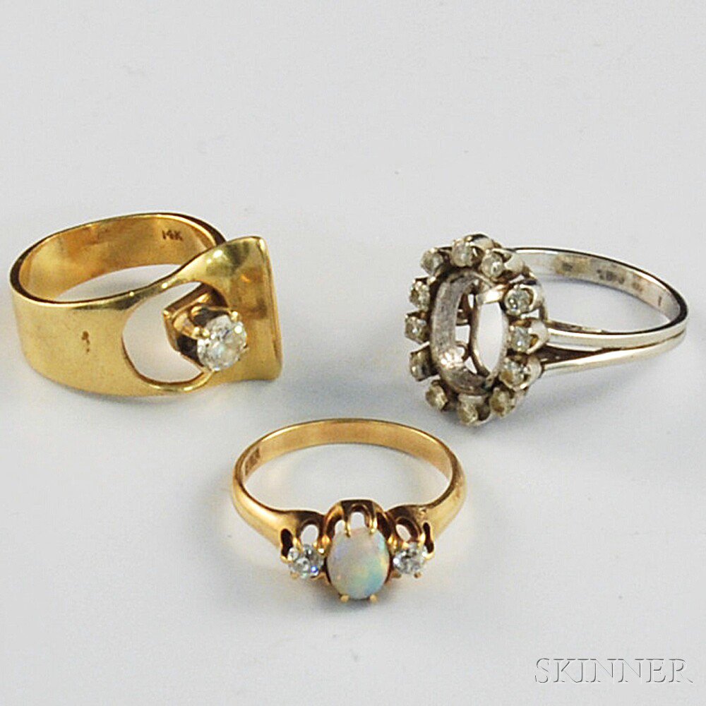 Appraisal: Three Gem-set Rings a kt gold opal and diamond ring