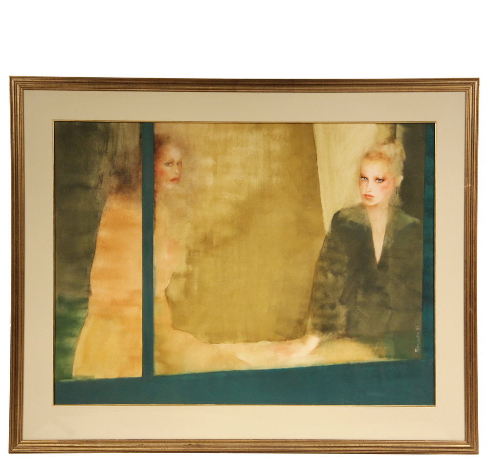 Appraisal: MONUMENTAL WATERCOLOR - Portrait of Two Young Women in a