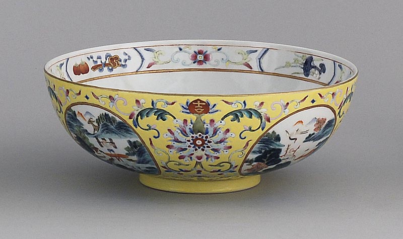 Appraisal: FAMILLE JAUNE PORCELAIN BOWL th th CenturyWith figural cartouche design