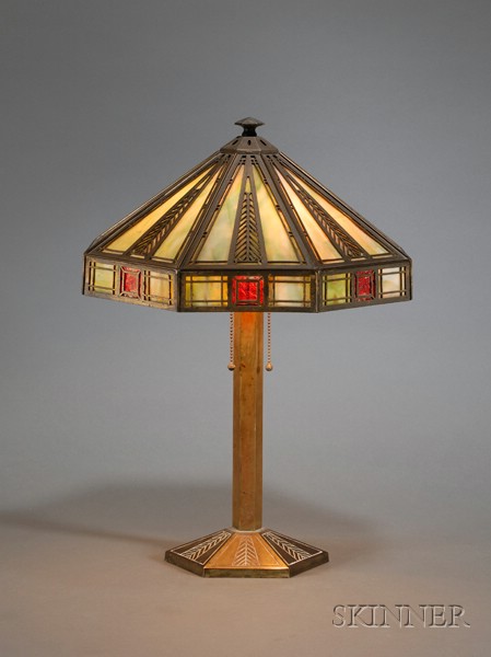 Appraisal: Bradley Hubbard Table Lamp Metal overlay and slag glass Meriden