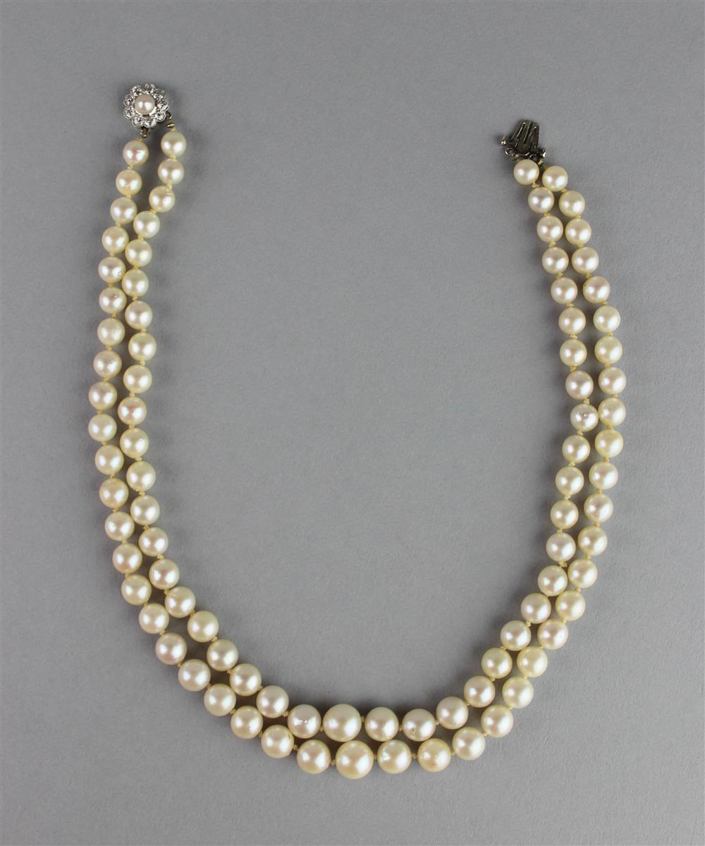 Appraisal: DOUBLE STRAND CULTURED PEARL NECKLACE WITH K DIAMOND AND PEARL