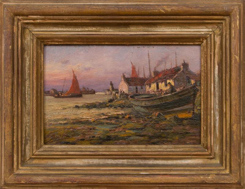 Appraisal: TH CENTURY SCHOOL COASTAL FISHING VILLAGE Oil on board signed