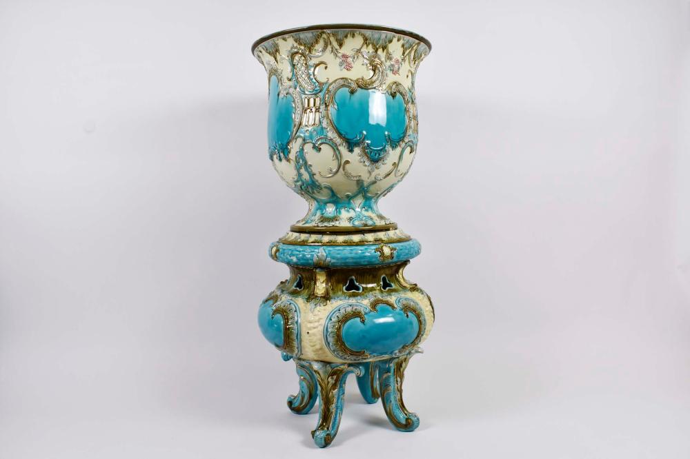 Appraisal: CONTINENTAL ROCOCO STYLE MAJOLICA JARDINIERE ON STANDFrench or German Late