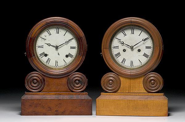 Appraisal: TWO INGRAHAM GRECIAN SHELF CLOCKS ca with painted tin dials